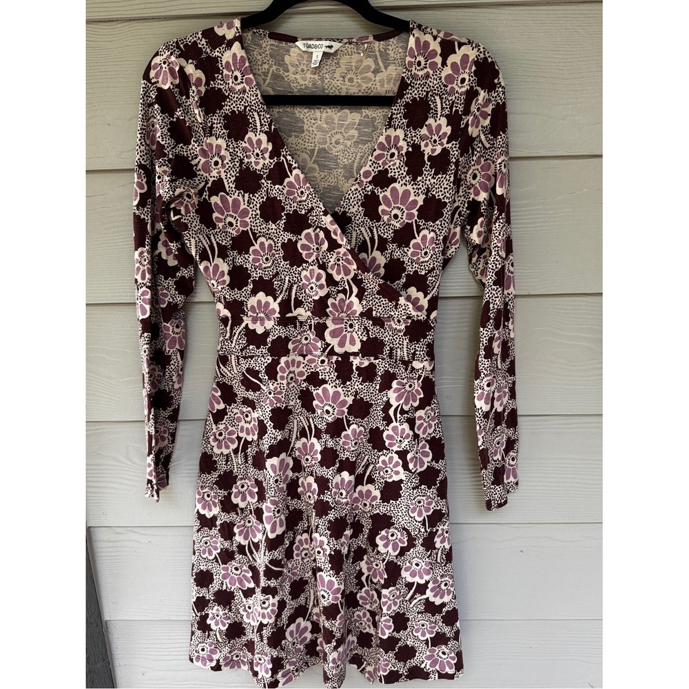 Toad&Co Burgundy and Pink Floral Wrap Dress organic cotton blend